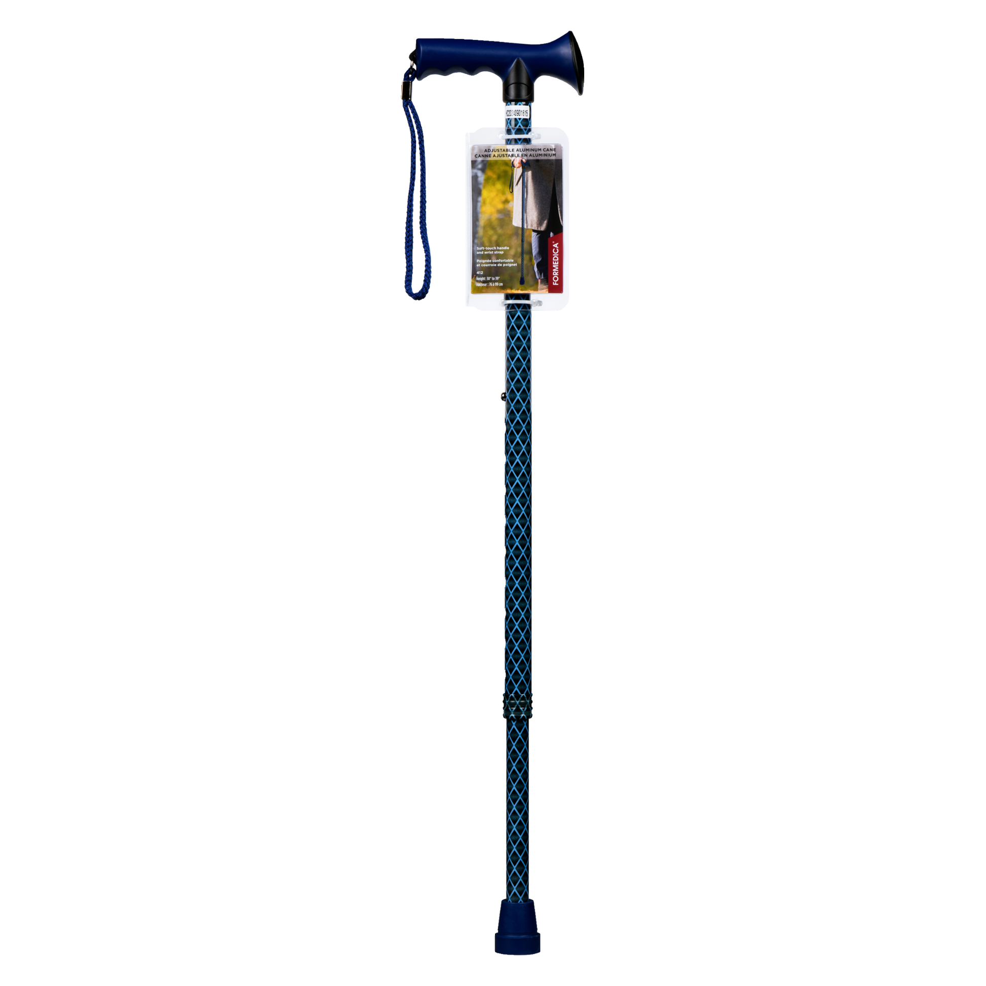 Canne en aluminium ajustable – poignée consort en bois avec courroie – bleue | FORMEDICA
