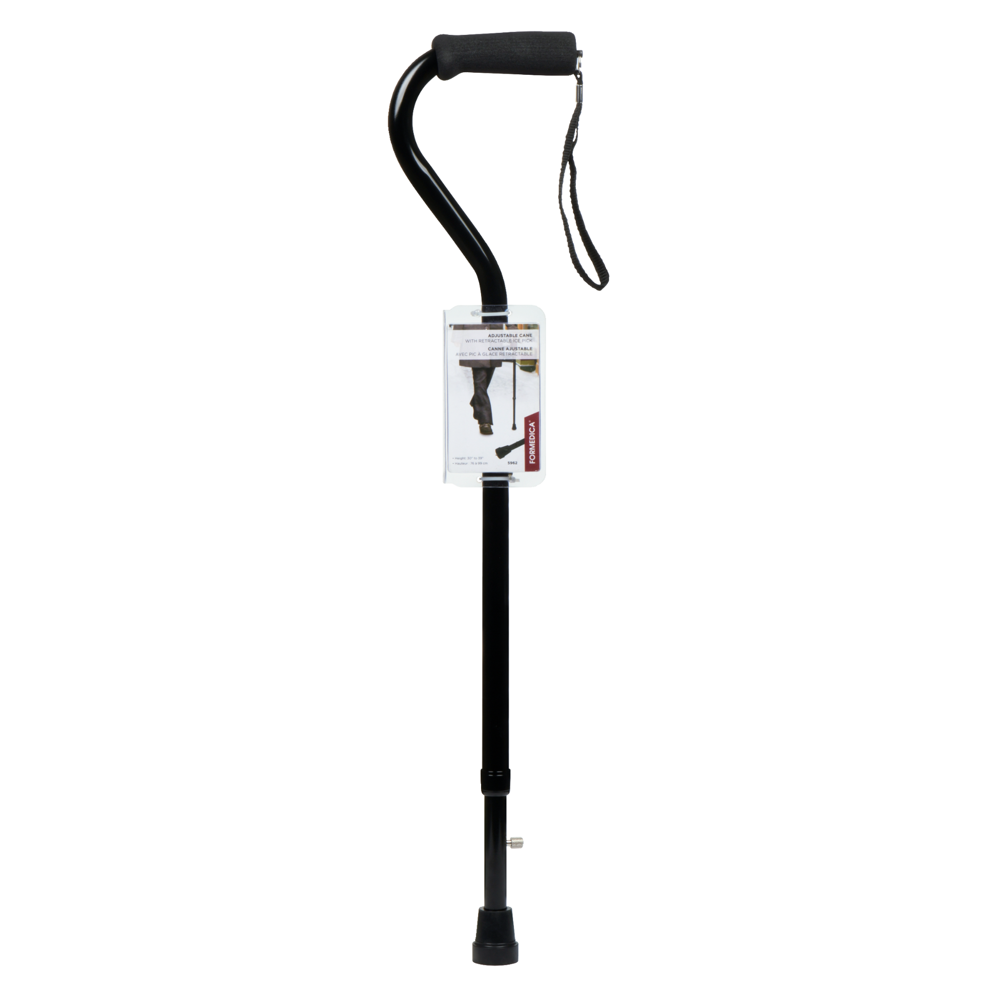Canne en aluminium ajustable avec pic à glace rétractable – poignée désaxée en mousse brune – noire | FORMEDICA