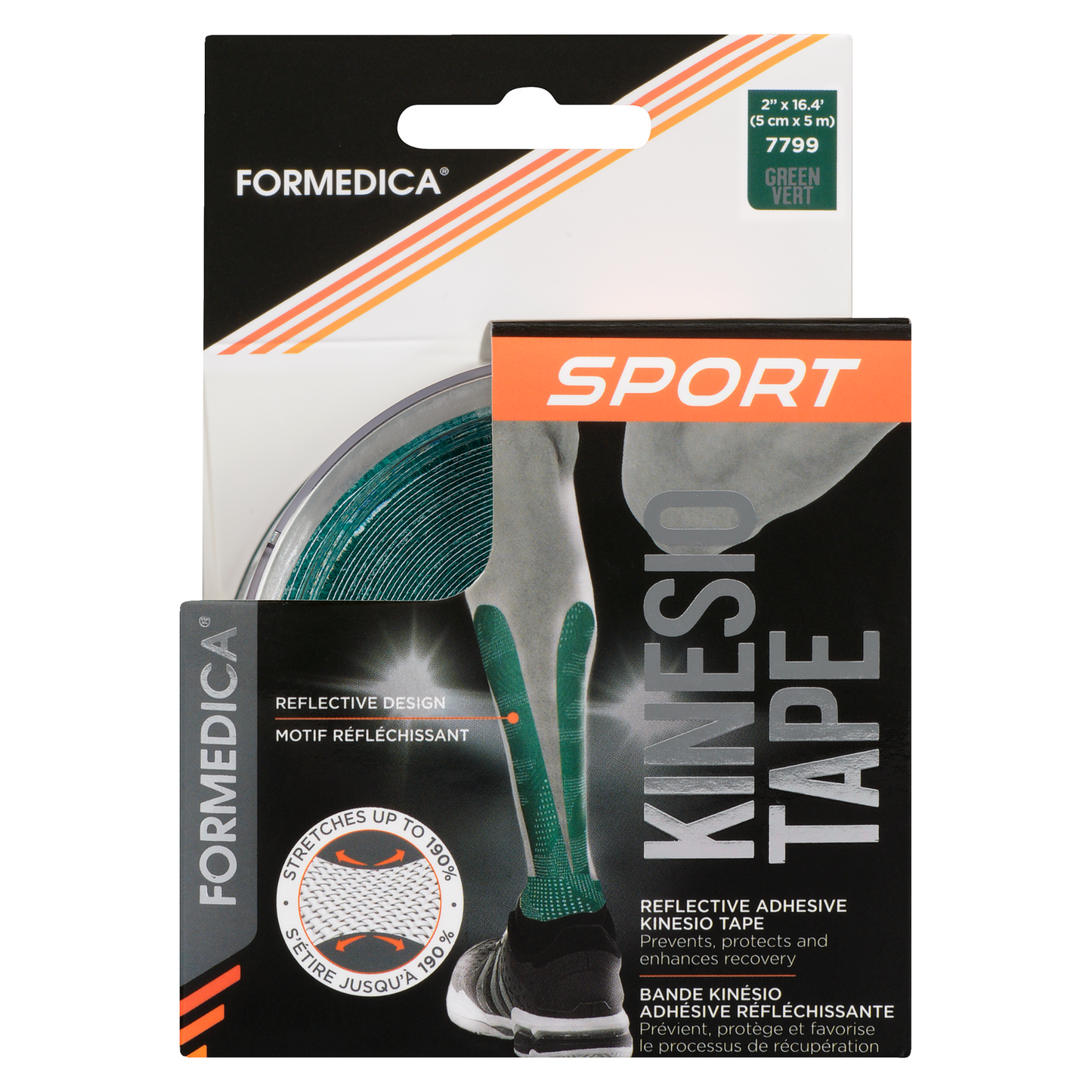 Bande kinesio adhésive avec motif réfléchissant – verte – 2″ × 16′ | FORMEDICA